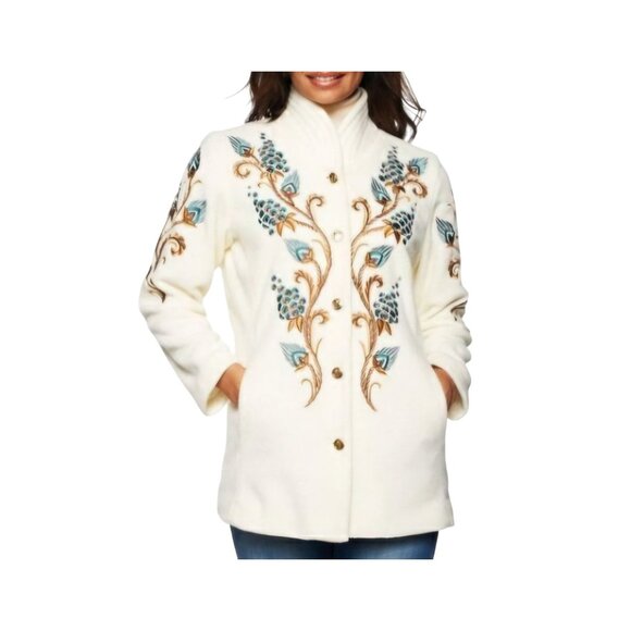Bob Mackie Art To Wear Embroidered White Grapevine Button-Up Jacket Size 1X